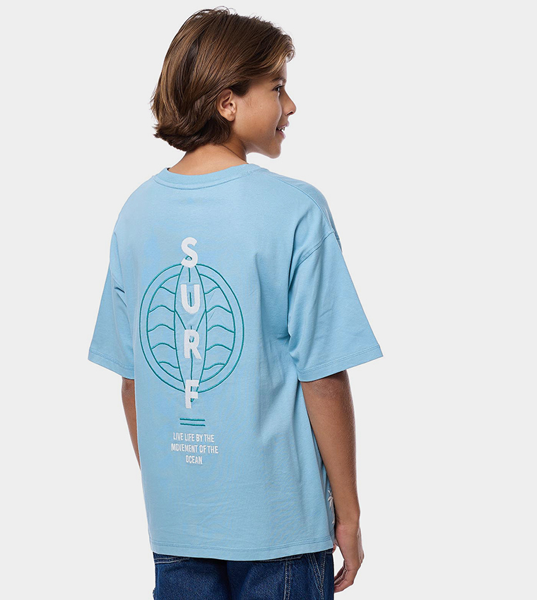Back Embroidered T-Shirt with Crew Neck and Short Sleeves