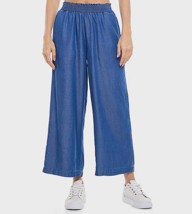 Washed Wide Leg Jeans with Elastic Waist