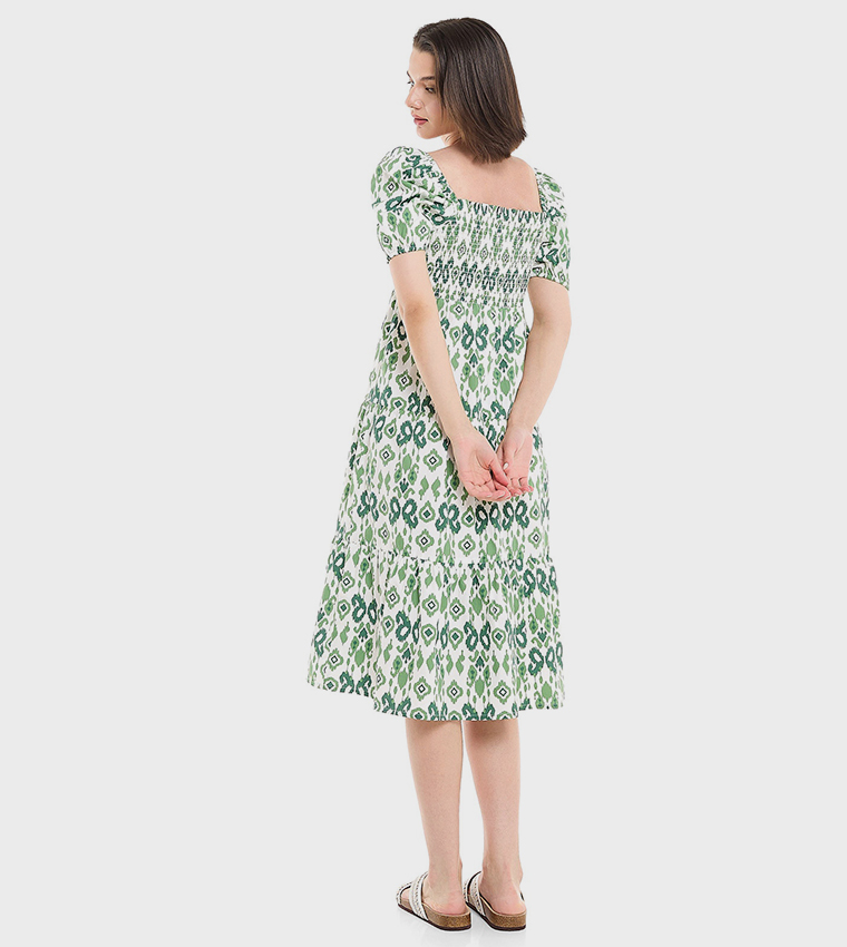 Printed Midi Dress with Square Neck and Puff Sleeves