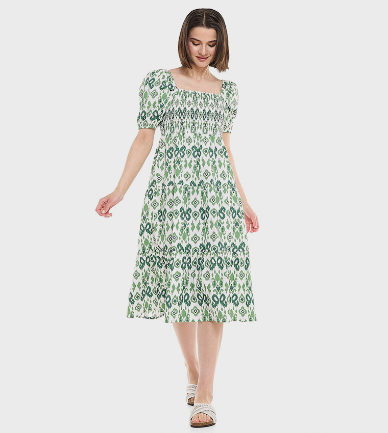 Printed Midi Dress with Square Neck and Puff Sleeves