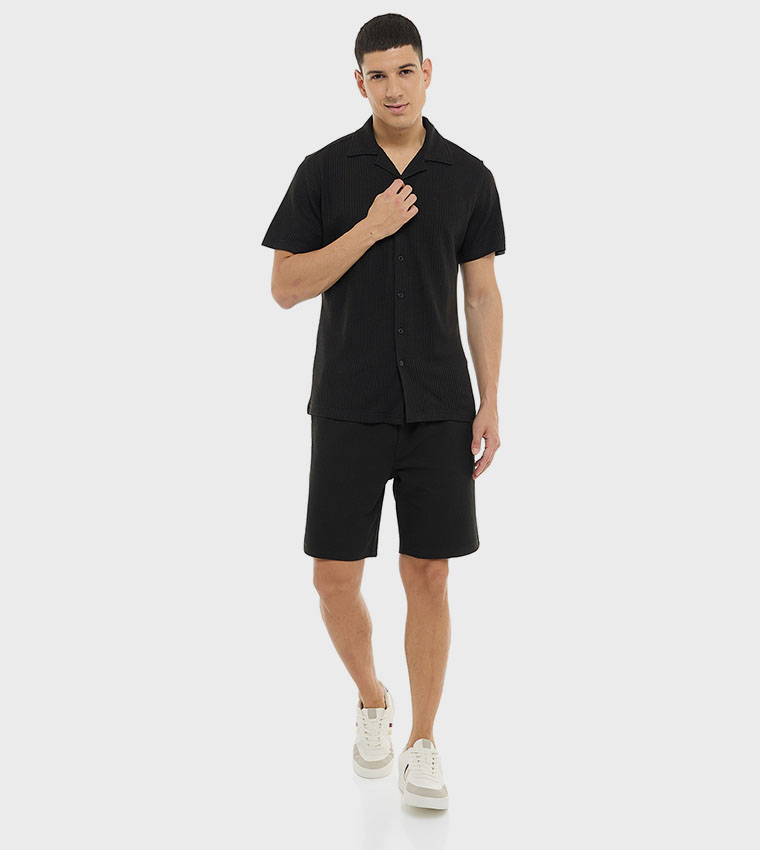 Textured Shirt with Revere Collar and Short Sleeves