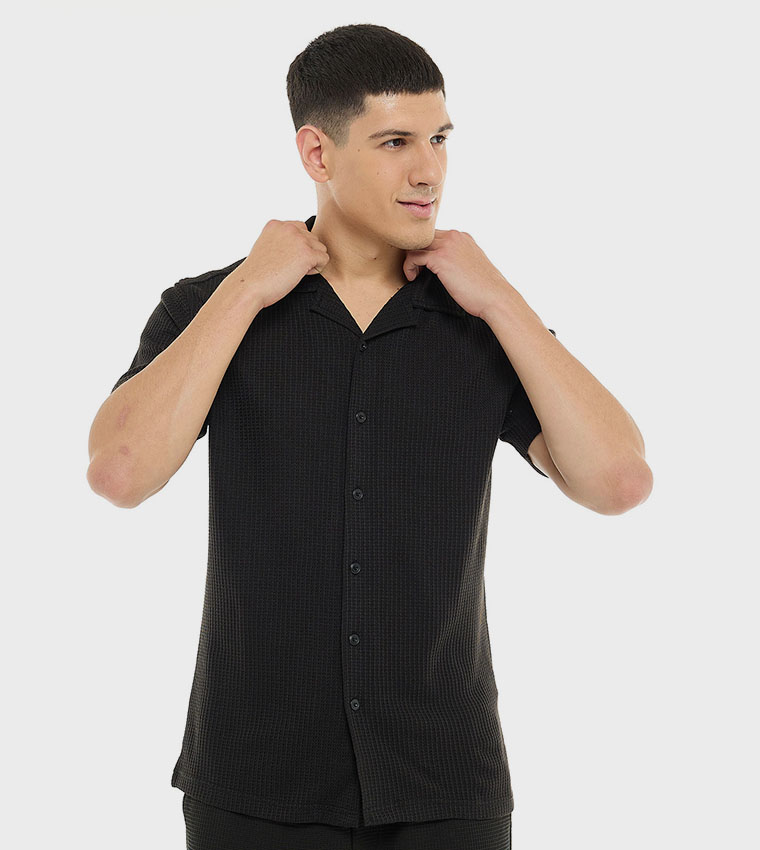 Textured Shirt with Revere Collar and Short Sleeves