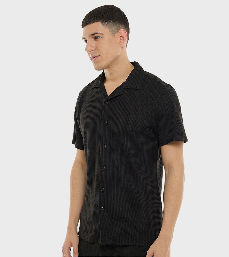 Textured Shirt with Revere Collar and Short Sleeves