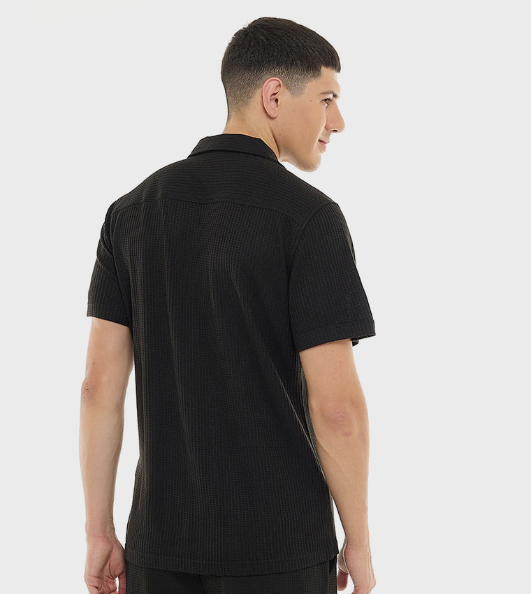 Textured Shirt with Revere Collar and Short Sleeves