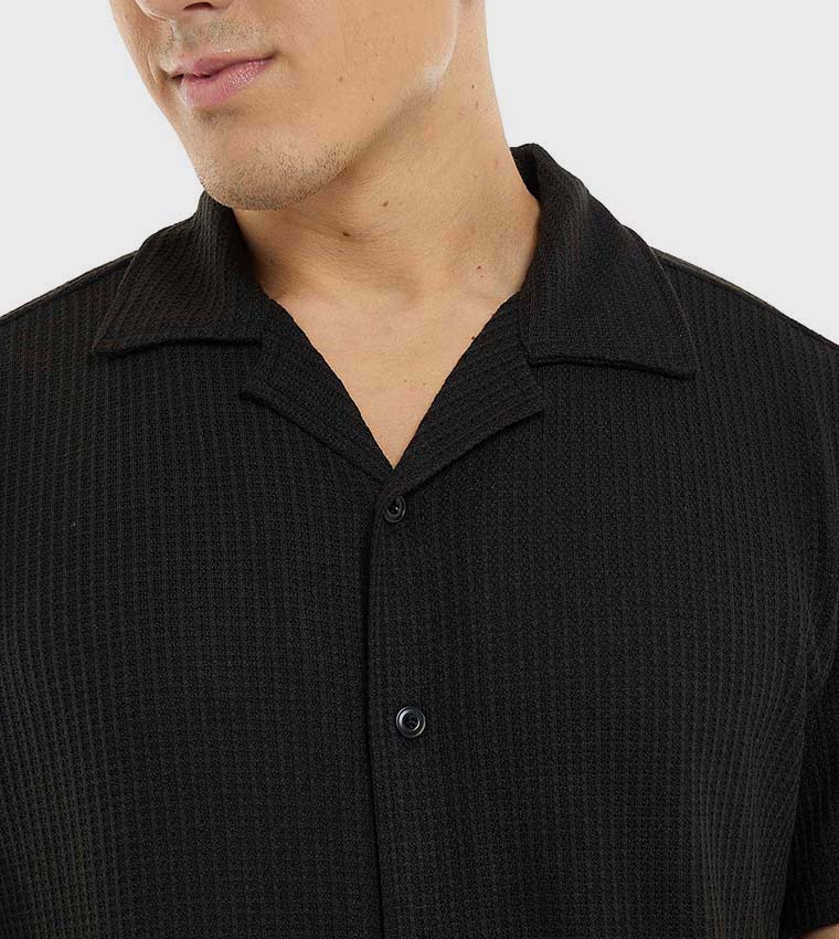 Textured Shirt with Revere Collar and Short Sleeves