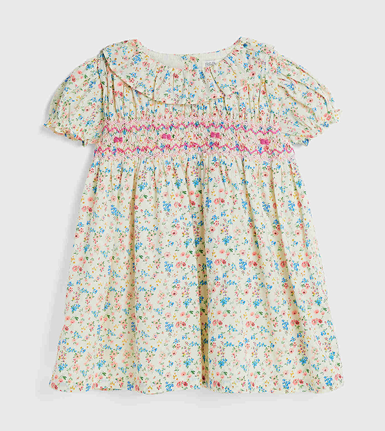 Floral Printed Dress with Crew Neck and Puff Sleeves