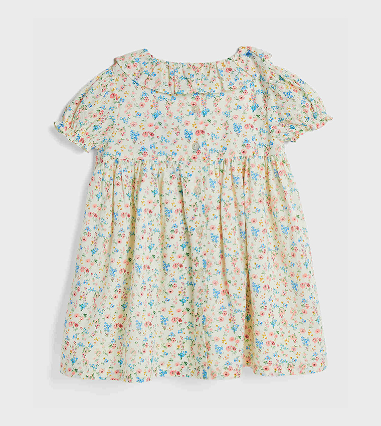 Floral Printed Dress with Crew Neck and Puff Sleeves