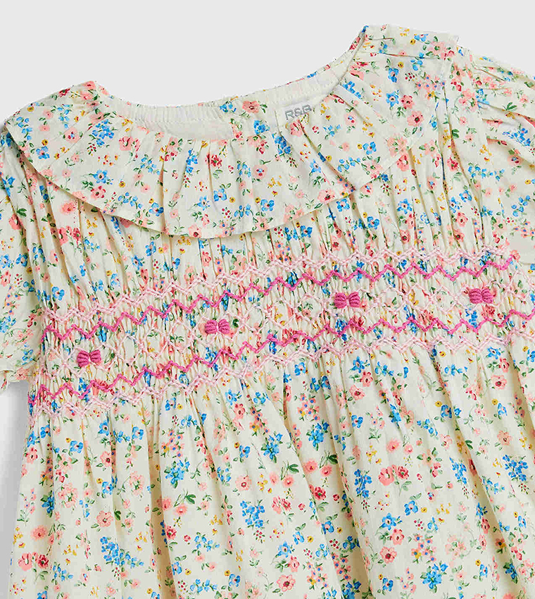 Floral Printed Dress with Crew Neck and Puff Sleeves
