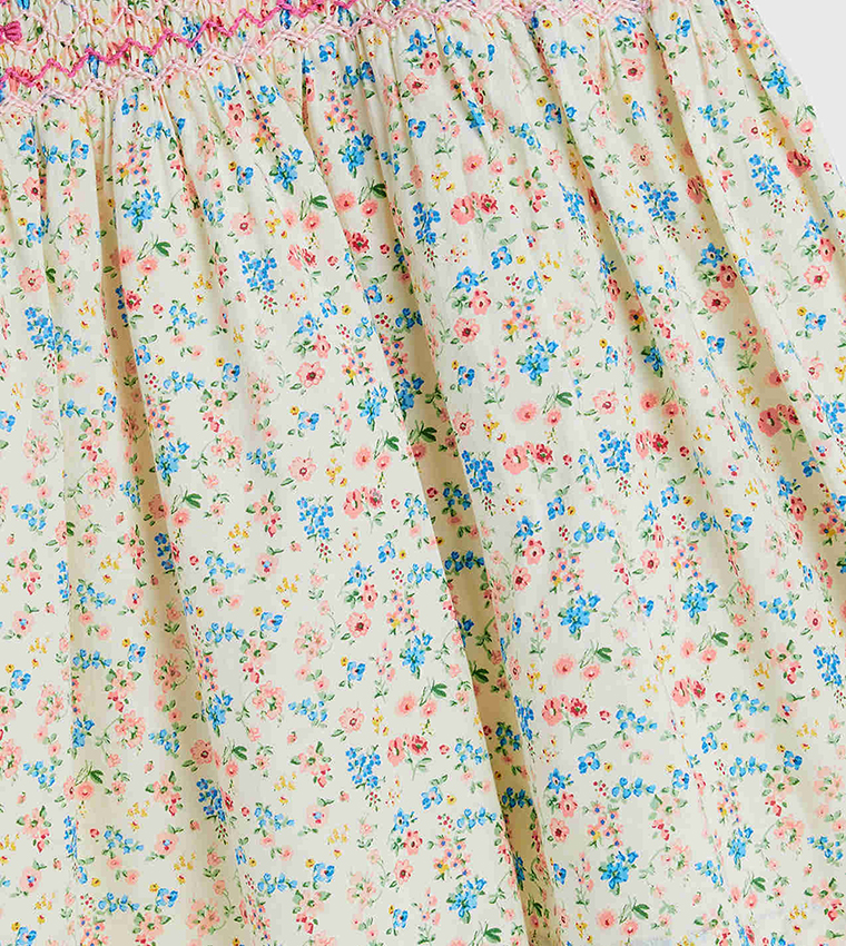 Floral Printed Dress with Crew Neck and Puff Sleeves
