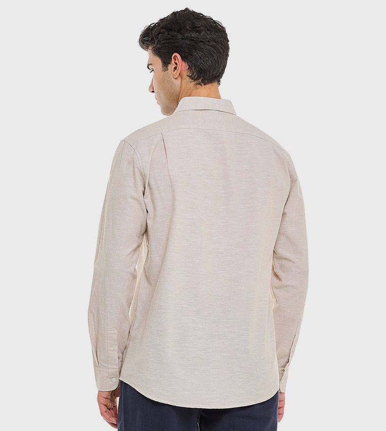 Textured Shirt With Stand Collar and Long Sleeves