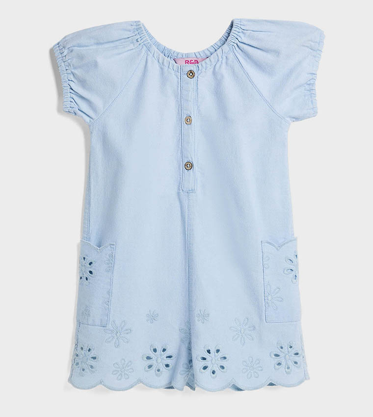 Schiffli Denim Rompers with Crew Neck and Short Sleeves