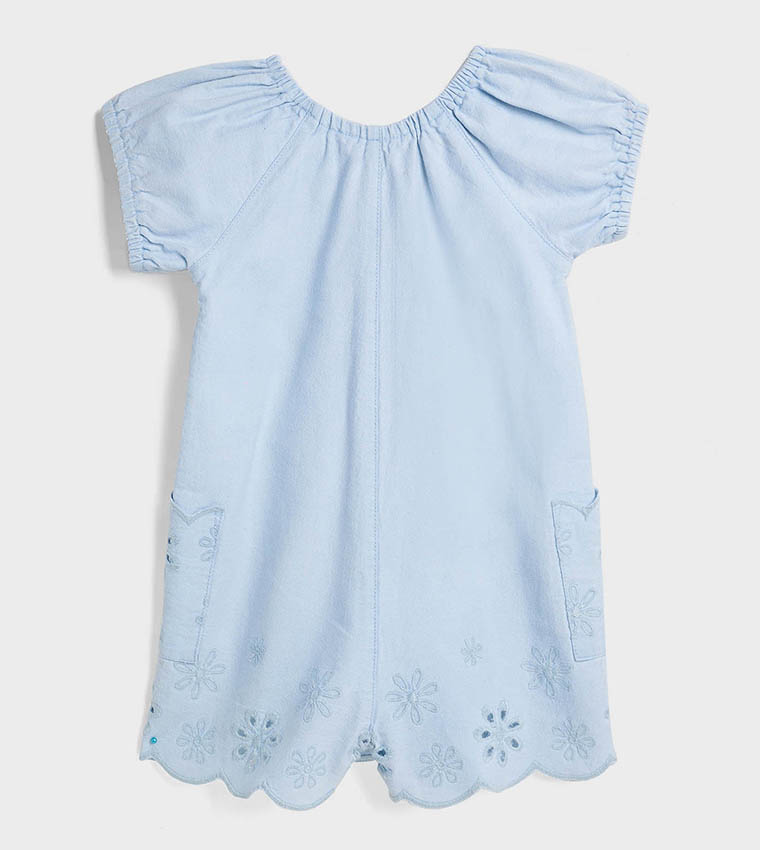 Schiffli Denim Rompers with Crew Neck and Short Sleeves
