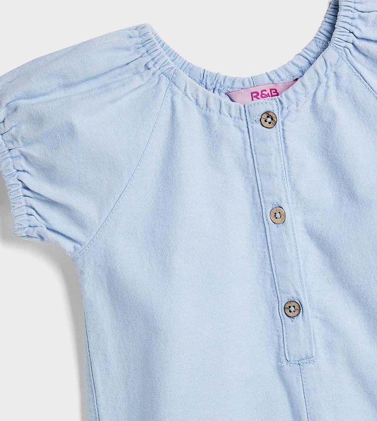 Schiffli Denim Rompers with Crew Neck and Short Sleeves