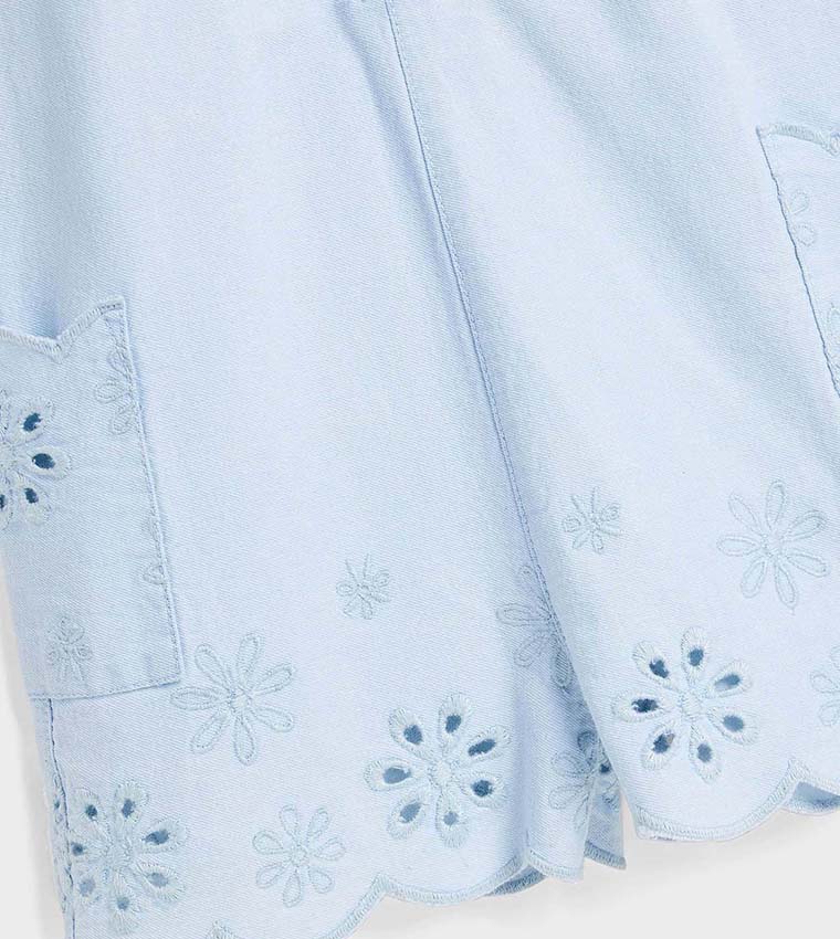 Schiffli Denim Rompers with Crew Neck and Short Sleeves