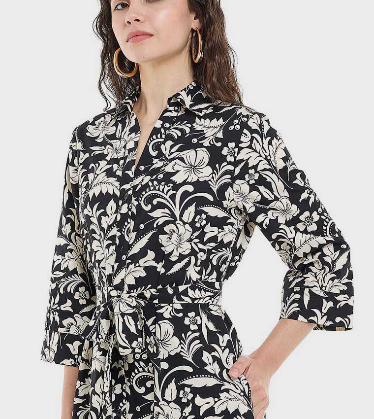 Patterned Shirt Dress with Classic Collar and 3/4 Sleeves