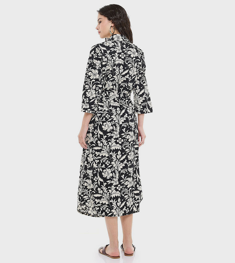 Patterned Shirt Dress with Classic Collar and 3/4 Sleeves
