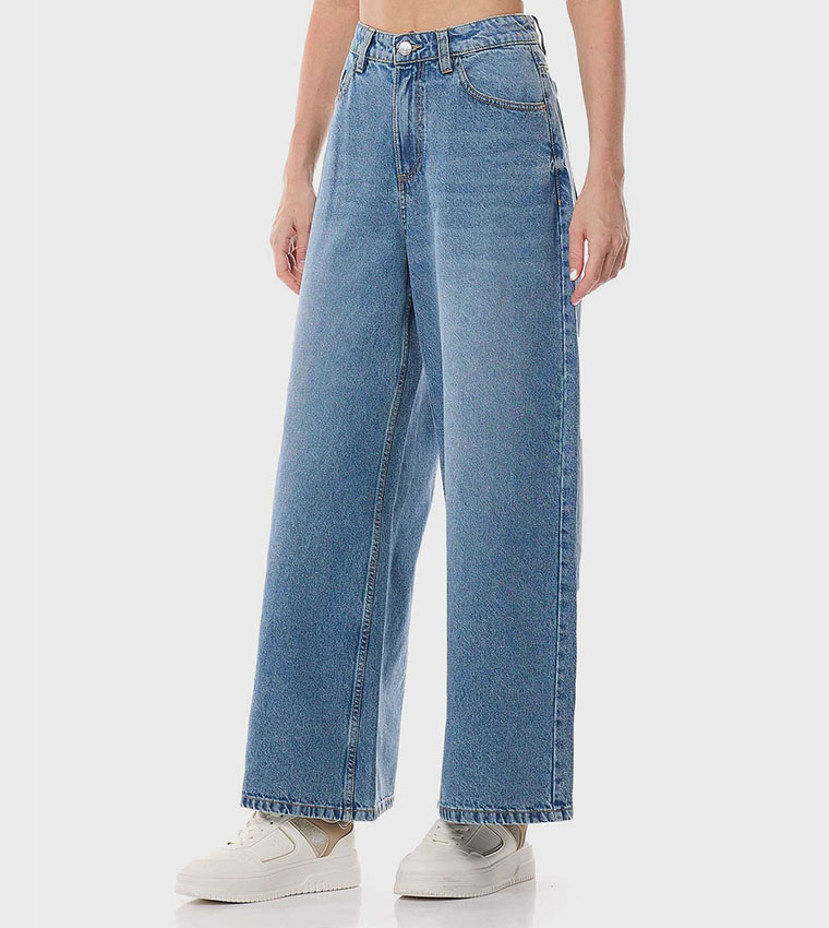 Faded Wide Leg Jeans with Button Closure