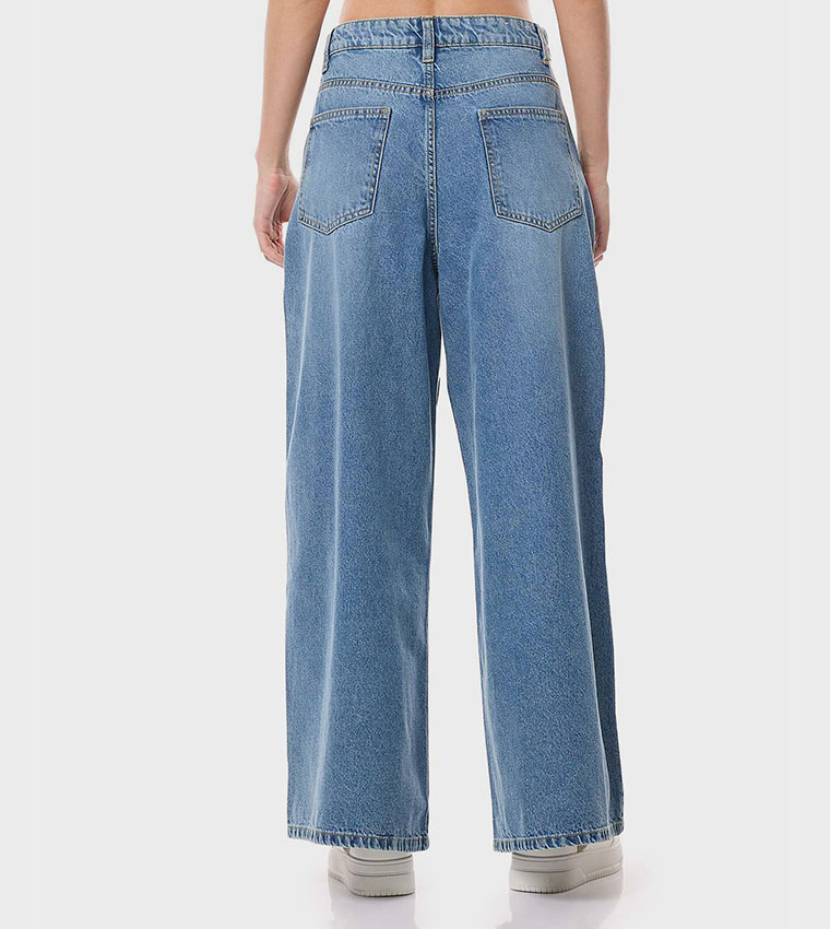 Faded Wide Leg Jeans with Button Closure