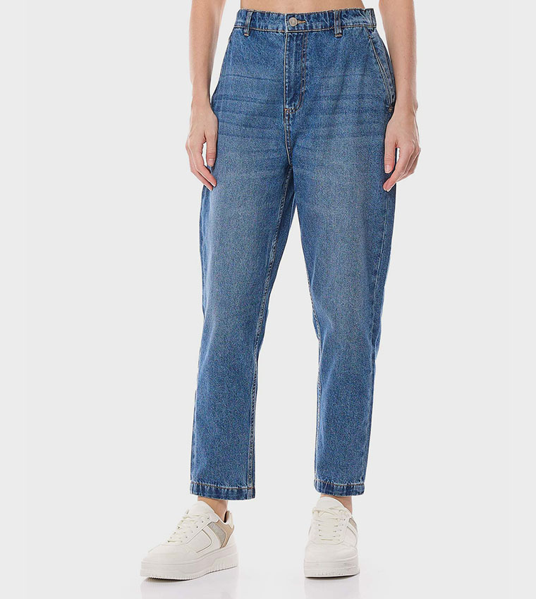 Faded Slouchy Fit Jeans with Button Closure