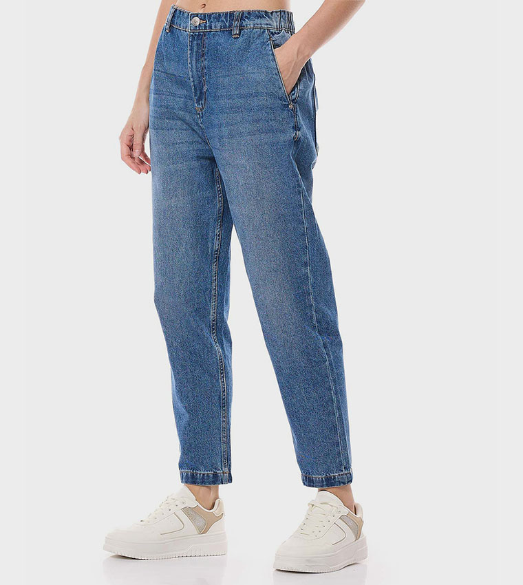 Faded Slouchy Fit Jeans with Button Closure
