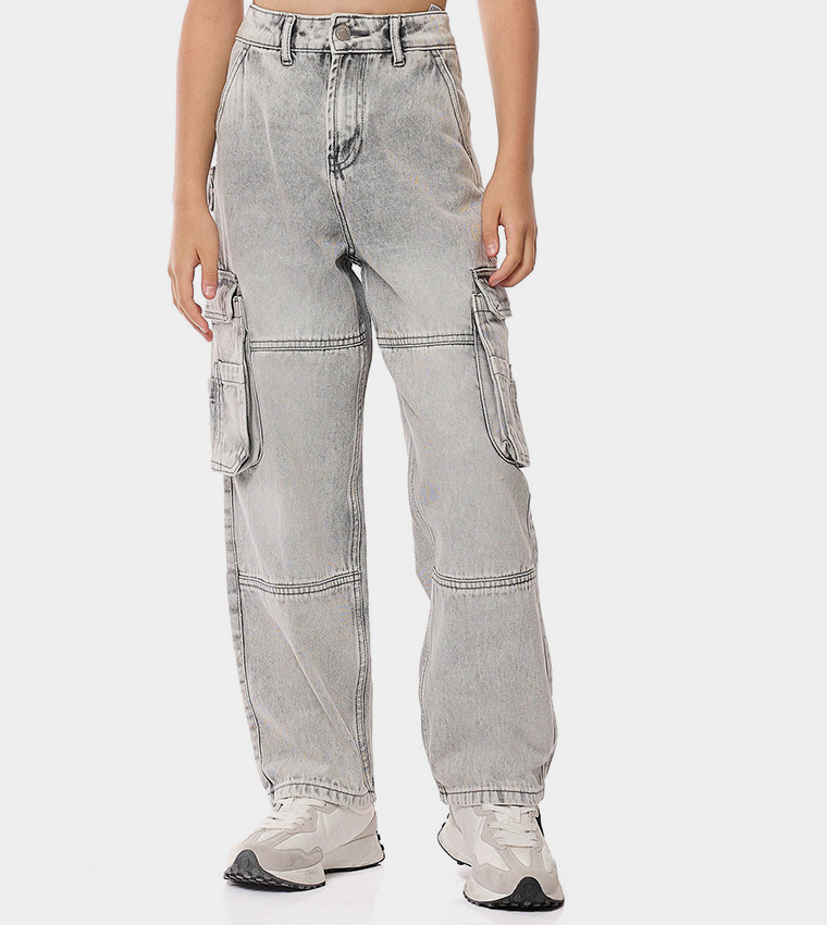 Washed Loose Fit Jeans with Button Closure