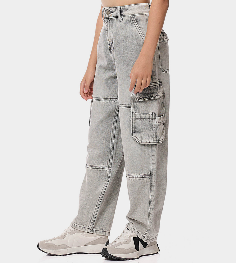 Washed Loose Fit Jeans with Button Closure