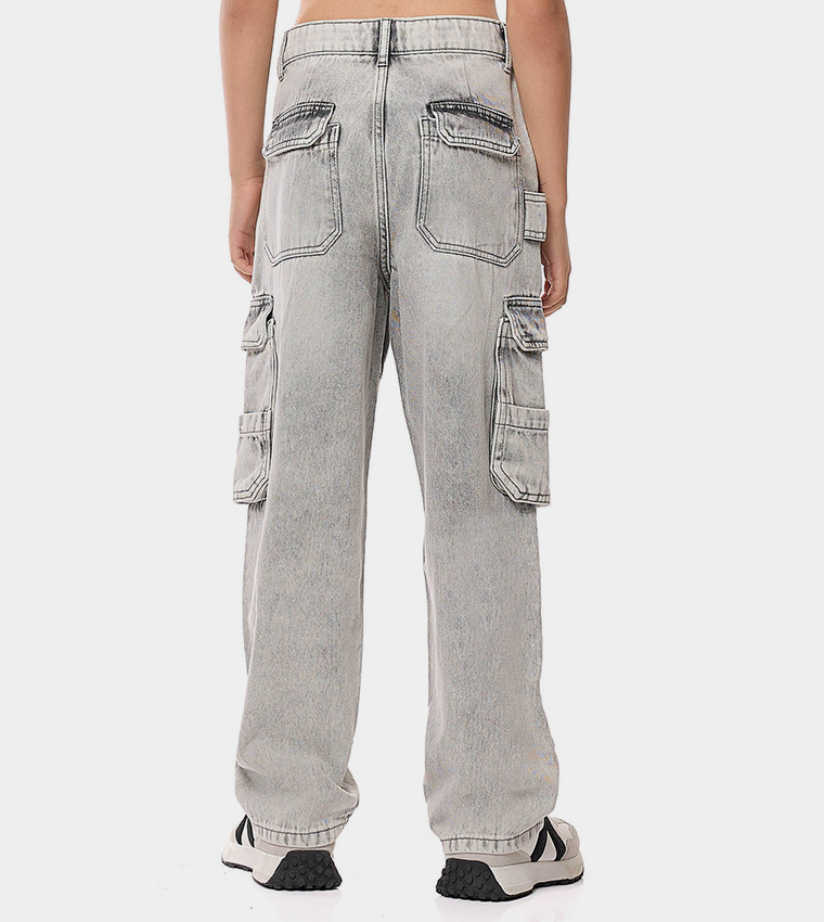 Washed Loose Fit Jeans with Button Closure