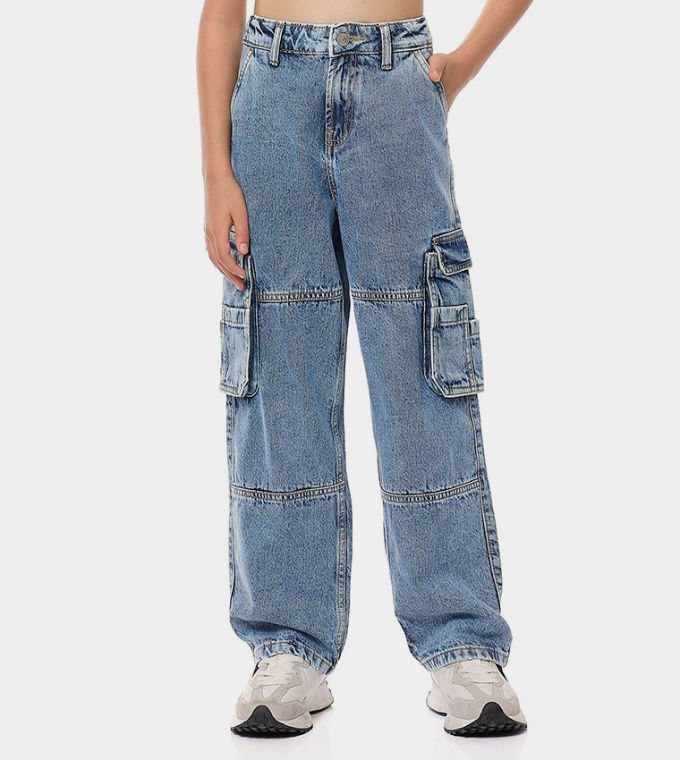 Washed Loose Fit Jeans with Button Closure