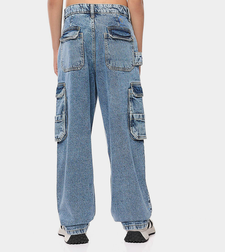 Washed Loose Fit Jeans with Button Closure