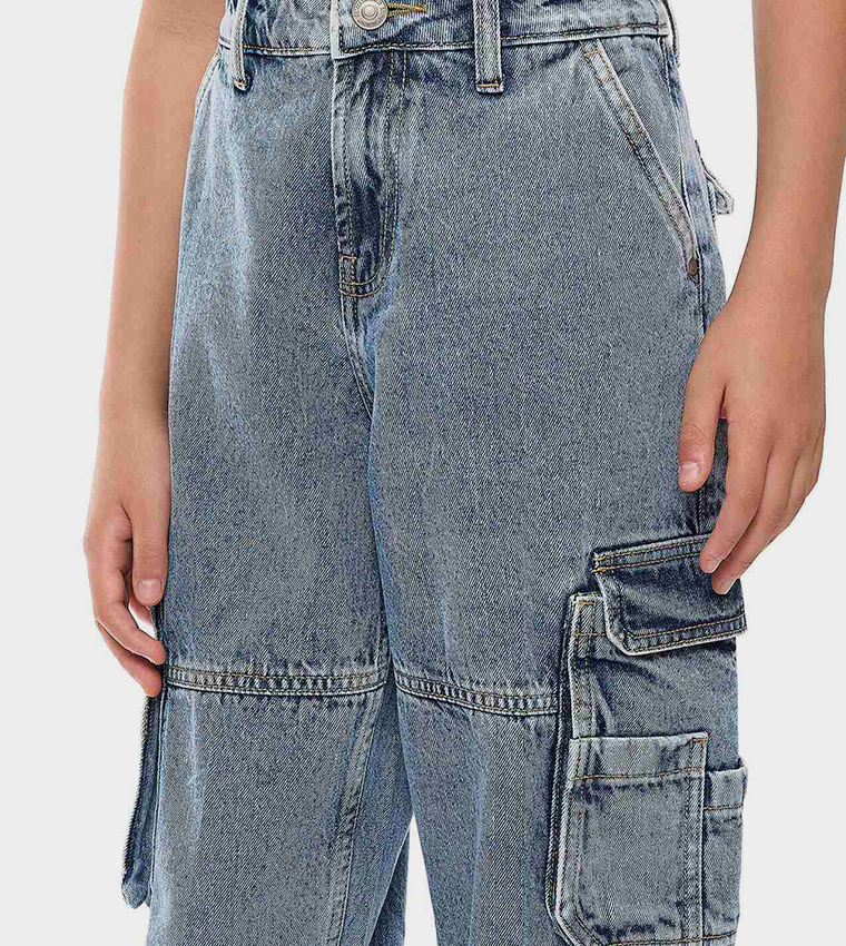Washed Loose Fit Jeans with Button Closure