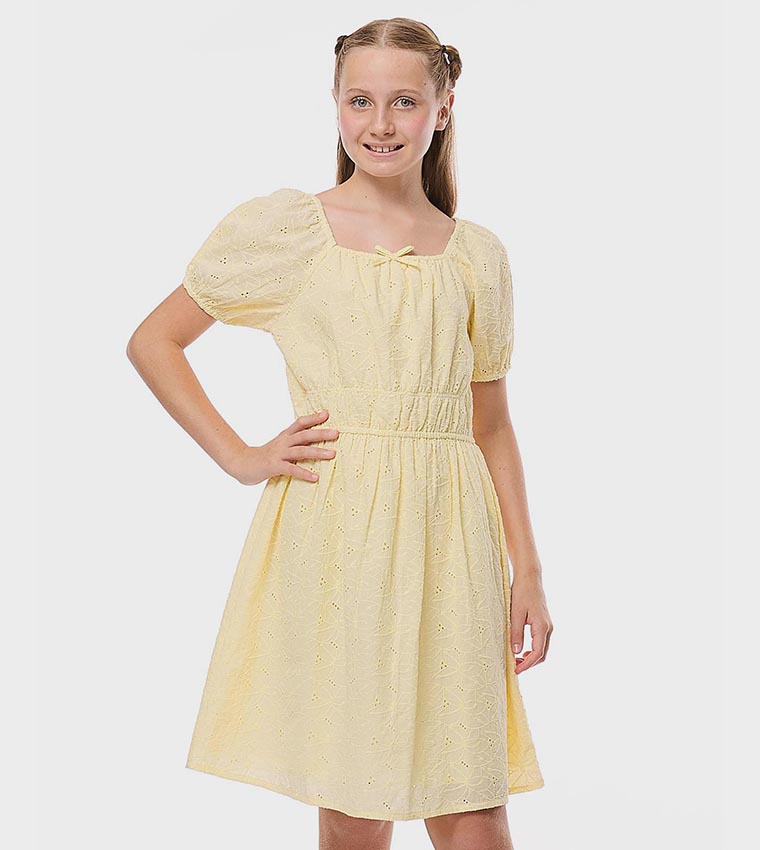 Schiffli Dress with Square Neck and Puff Sleeves