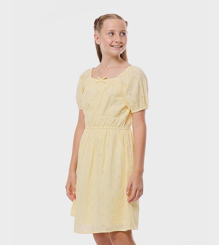 Schiffli Dress with Square Neck and Puff Sleeves