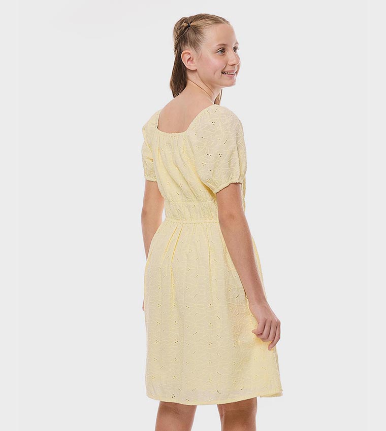 Schiffli Dress with Square Neck and Puff Sleeves