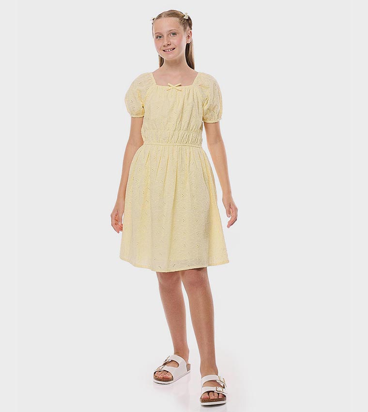 Schiffli Dress with Square Neck and Puff Sleeves