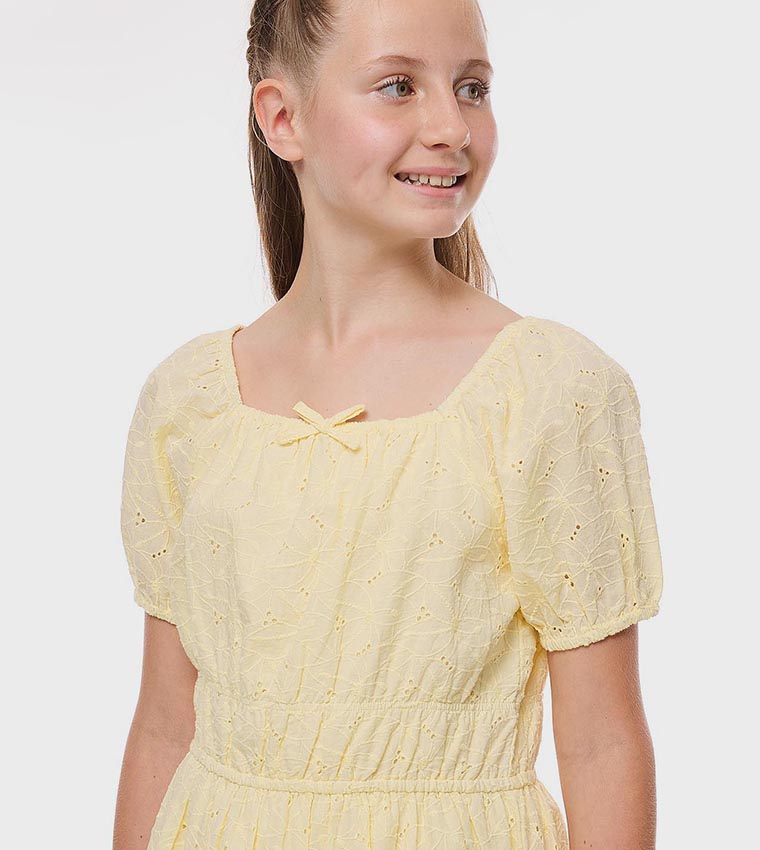 Schiffli Dress with Square Neck and Puff Sleeves