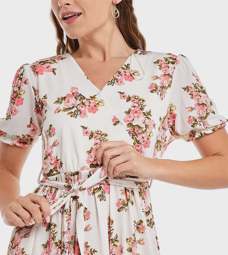 Floral Print A-Line Dress with V-Neck and Puff Sleeves
