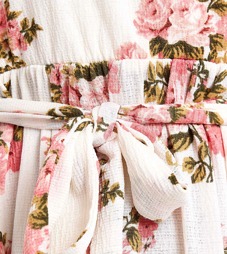 Floral Print A-Line Dress with V-Neck and Puff Sleeves