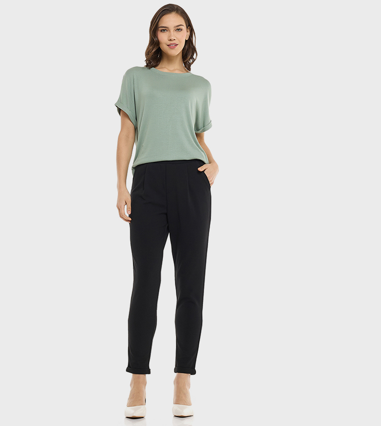 Solid Tapered Fit Pants with Elastic Waist