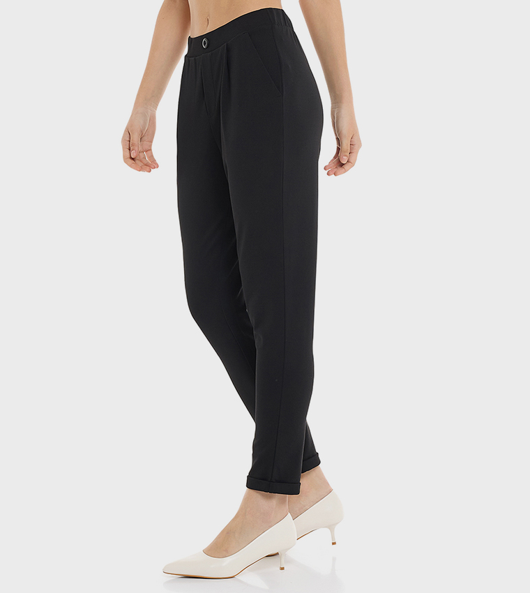 Solid Tapered Fit Pants with Elastic Waist