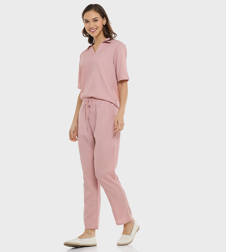 Textured Tapered Fit Pants with Drawstring Waist