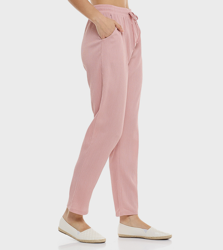 Textured Tapered Fit Pants with Drawstring Waist