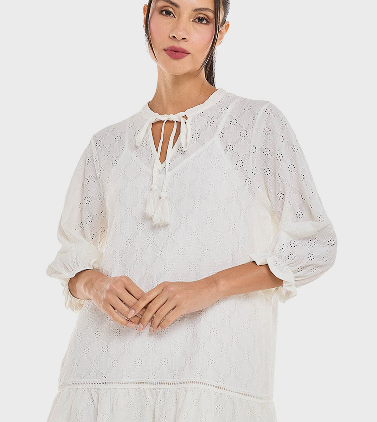 Schiffli Mini Dress with Tie-Up Neck and 3/4 Sleeves