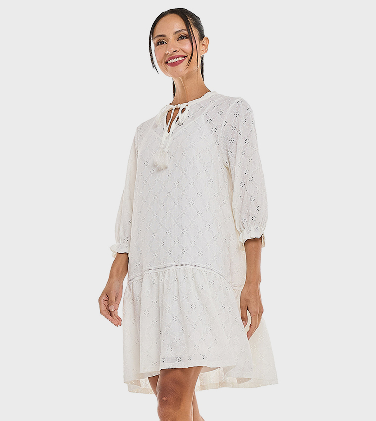 Schiffli Mini Dress with Tie-Up Neck and 3/4 Sleeves