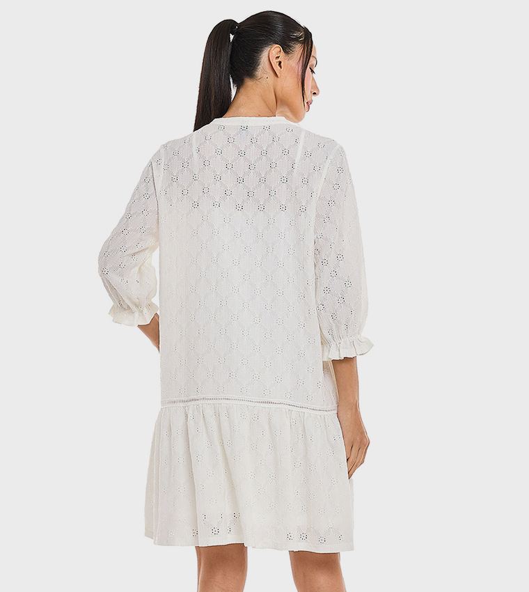 Schiffli Mini Dress with Tie-Up Neck and 3/4 Sleeves