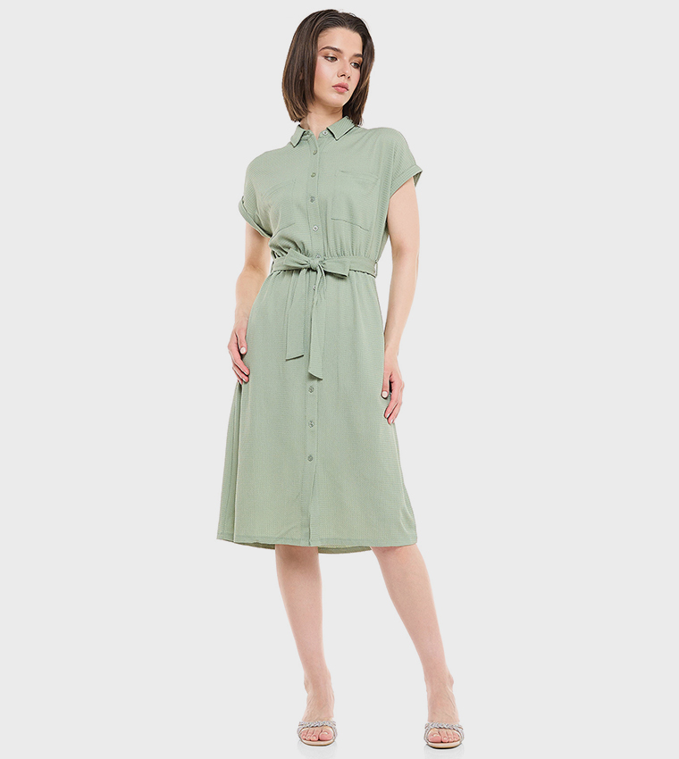 Belted Shirt Dress with Classic Collar and Short Sleeves