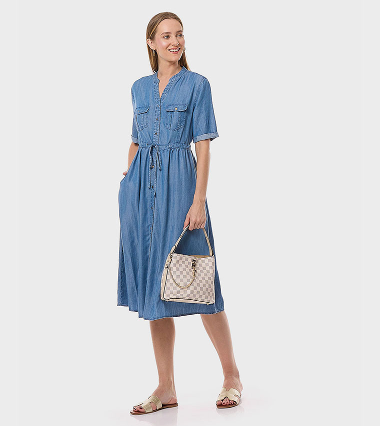 Denim Shirt Dress with Stand Collar and Short Sleeves
