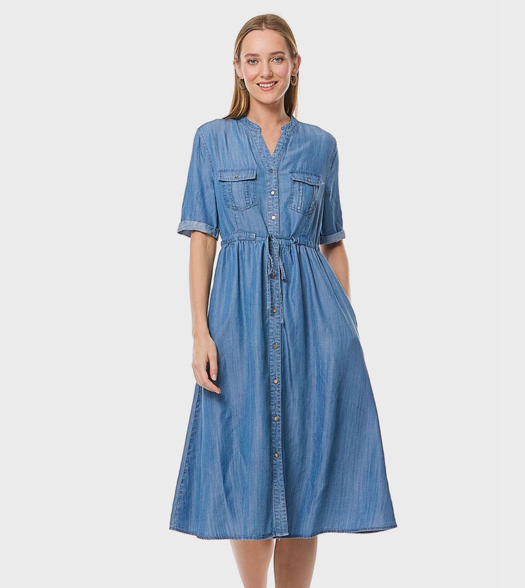 Denim Shirt Dress with Stand Collar and Short Sleeves