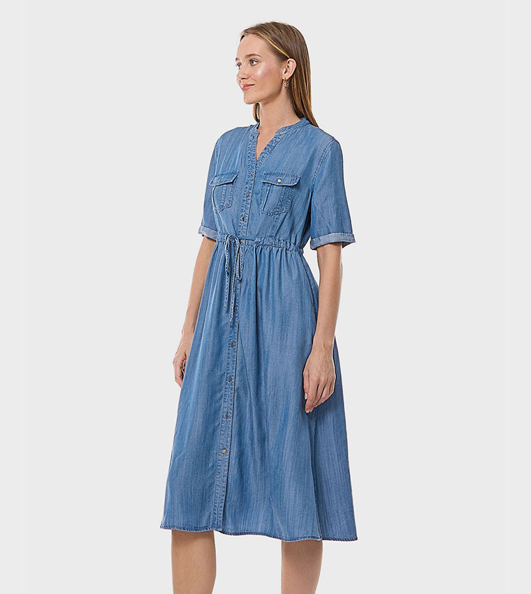 Denim Shirt Dress with Stand Collar and Short Sleeves