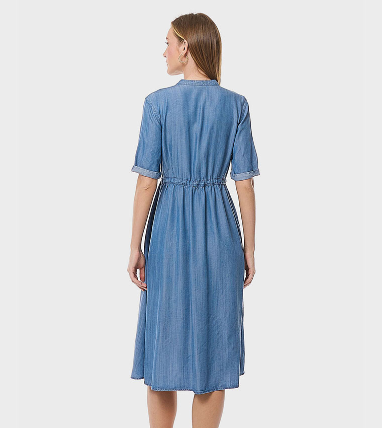 Denim Shirt Dress with Stand Collar and Short Sleeves
