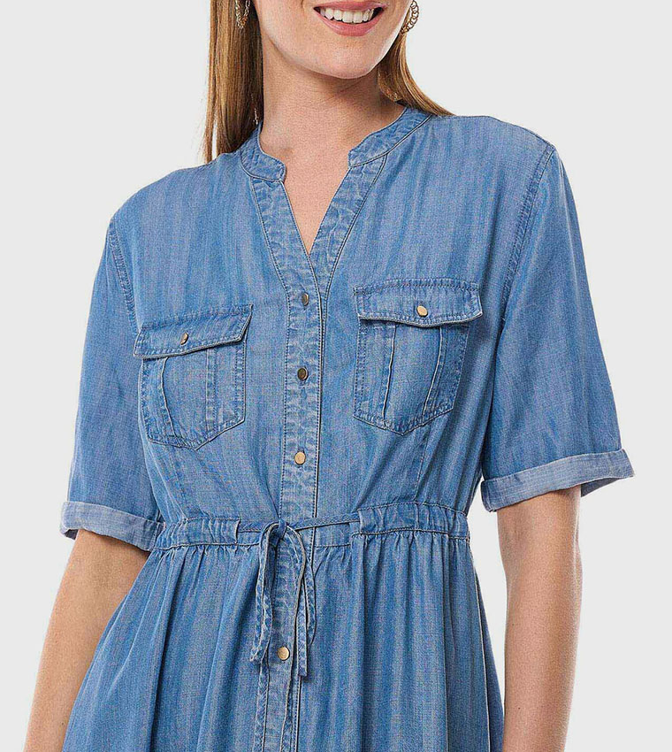 Denim Shirt Dress with Stand Collar and Short Sleeves